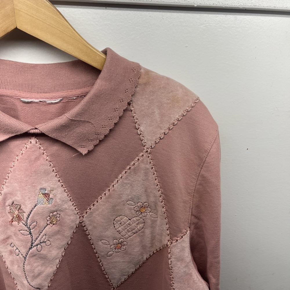Vintage Women's L Patchwork Heart Valentines Floral Pink Collared Sweatshirt - Picture 6 of 12